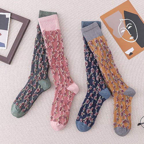 4 Pairs Womens Floral Long Cotton Socks