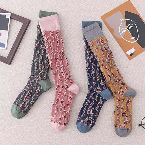 4 Pairs Womens Floral Long Cotton Socks