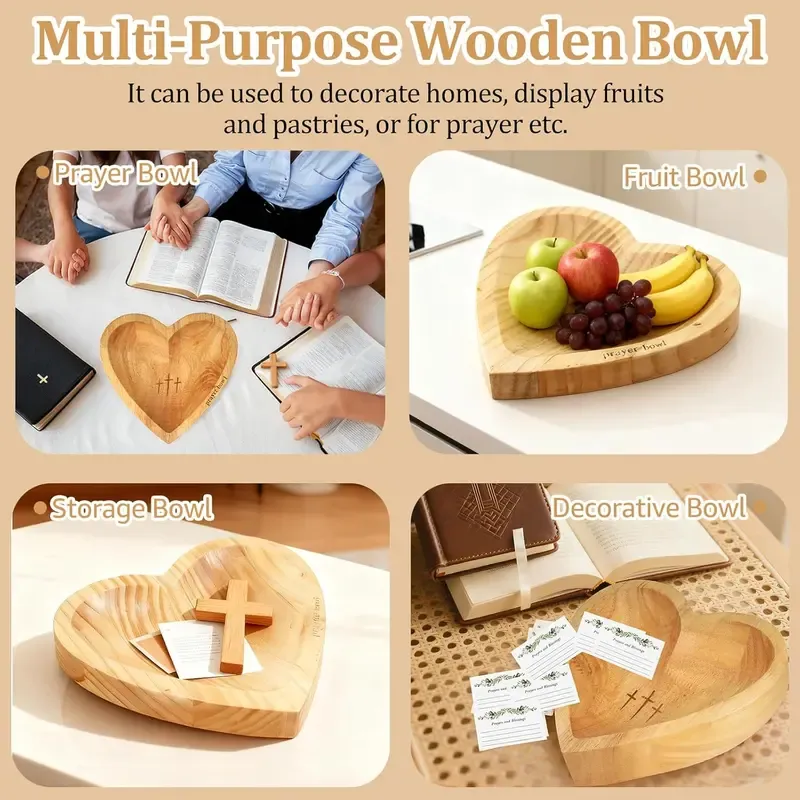 ✝️Inspirational❤️ Wooden Heart Shaped Prayer Bowl Set – Handcrafted Religious Gift for Faithful Reflection & Daily Devotion