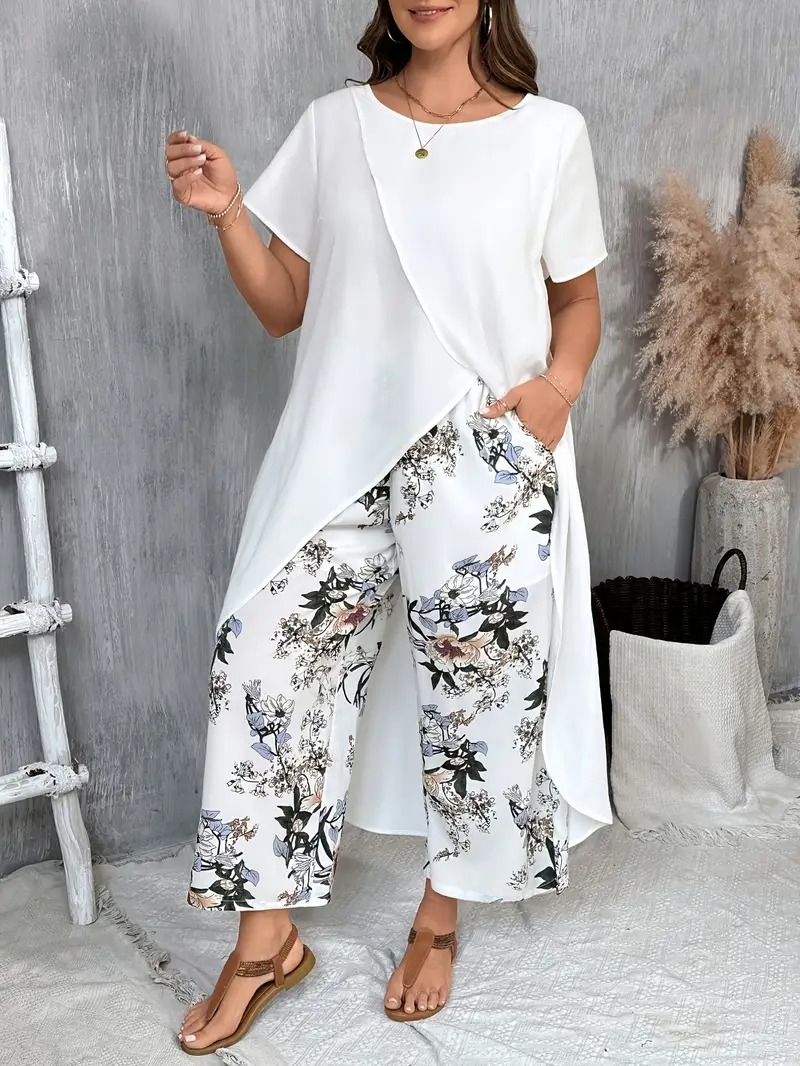 Ladies Plus Size Crew Neck Floral Short Sleeve Casual Pants Set