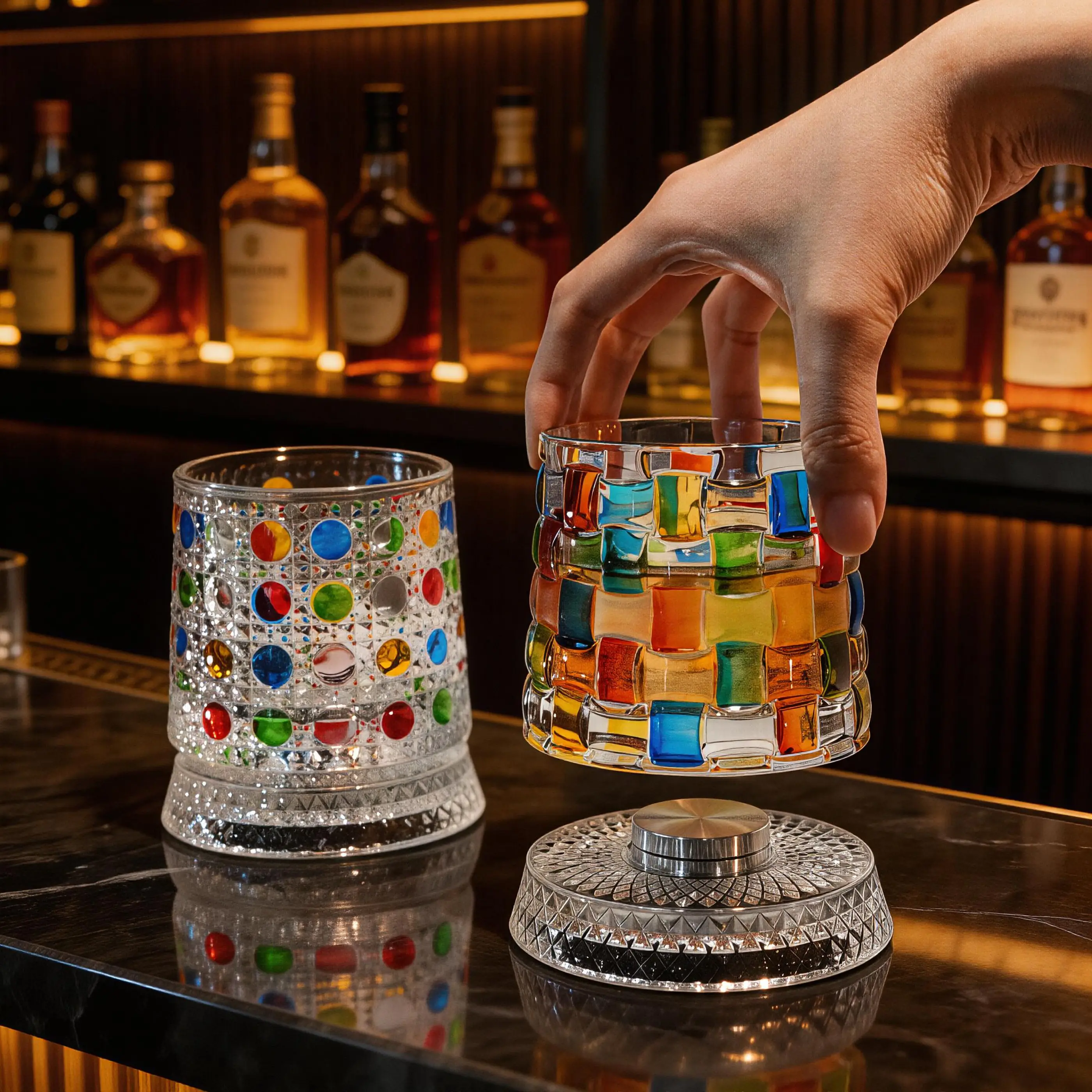 Hand-Painted Embossed Rotating Whiskey Glass &ndash; Minimal Luxury Crystal Tumbler with Smooth Spin Design
