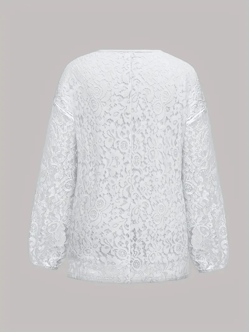 Plus Size Long Sleeve Elegant White Lace V-Neck Top - Loose Fit Knit Pullover for Women, for Autumn