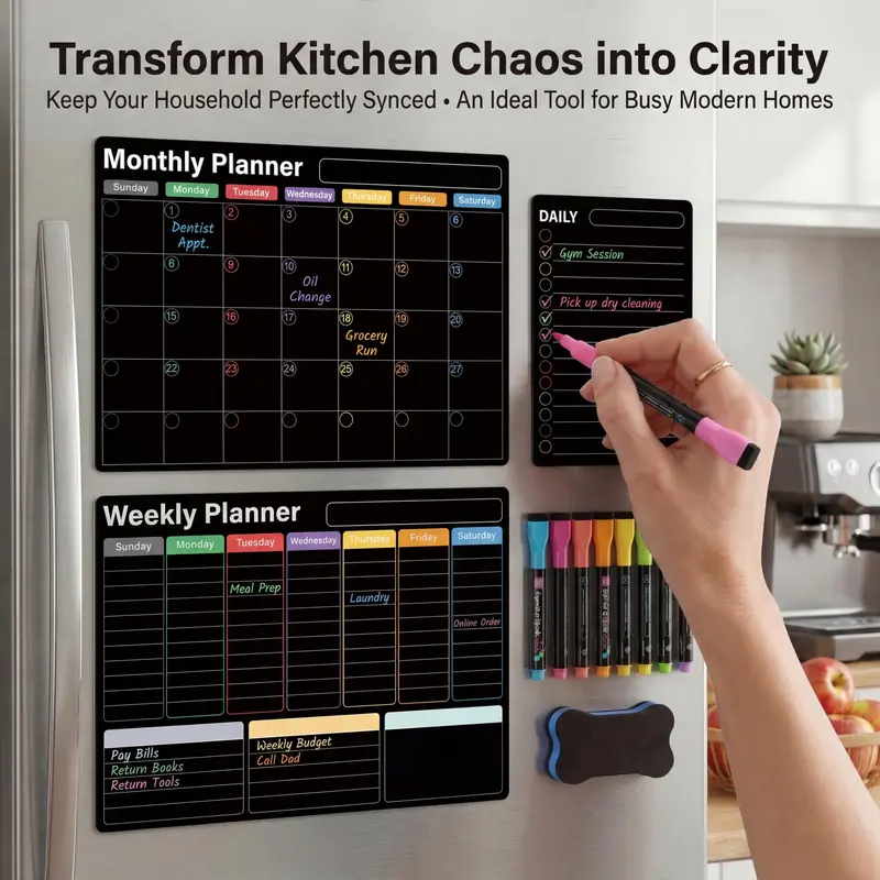 AUVIREC Magnetic Planner Set for Fridge 🧲 – 3-Pack (17"x12") Monthly, Weekly & Daily Boards 📅 – Dry Erase + 8 Neon Markers ✨