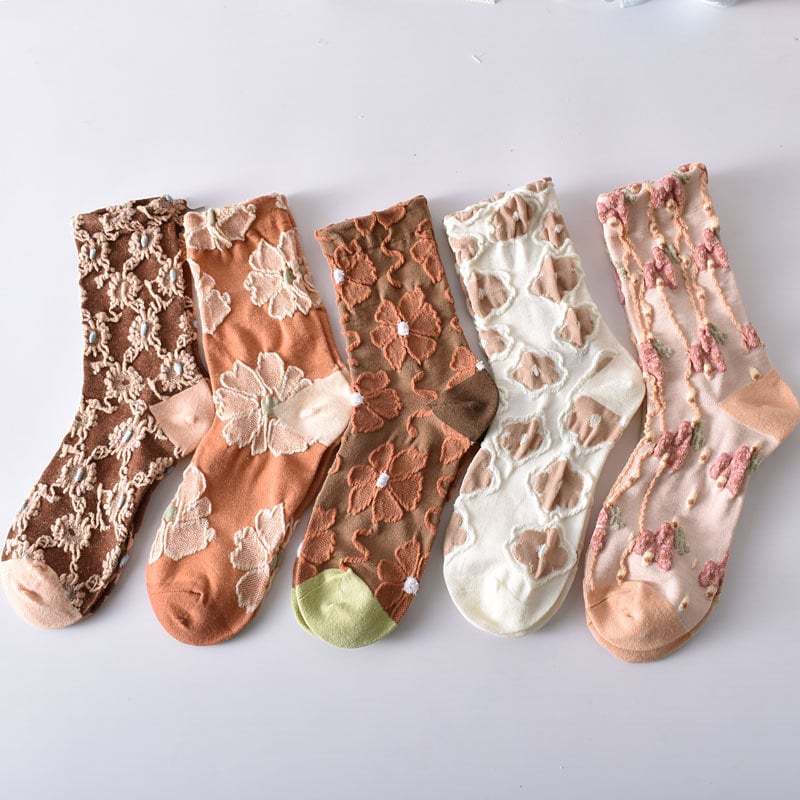 5 Pairs Women's Elegant Embossed Floral Cotton Socks