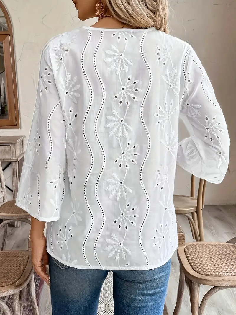 [Elegant Notched Neck Blouse] Elegant 3/4 Sleeve Eyelet Notched Neck Blouse - Solid Color For Spring & Fall - Women's Clothing