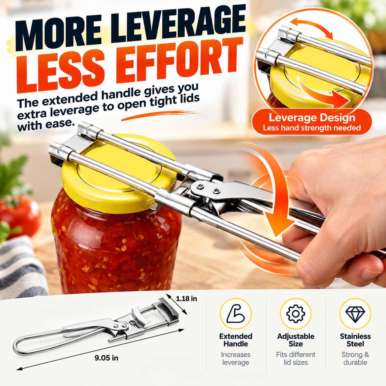 Extended handle jar opener for additional leverage
