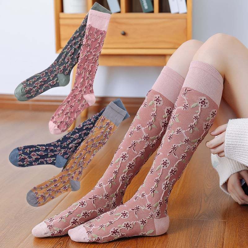 4 Pairs Womens Floral Long Cotton Socks