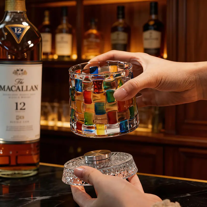 🔥 Luxury 360° Spinning Hand-Painted Crystal Whiskey Tumbler – Embossed Rotating Glass