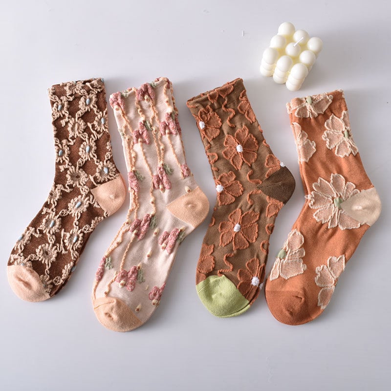 5 Pairs Women's Elegant Embossed Floral Cotton Socks