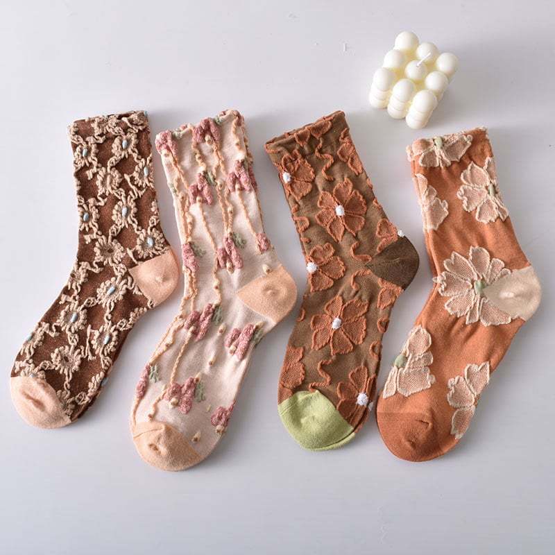 5 Pairs Women's Elegant Embossed Floral Cotton Socks