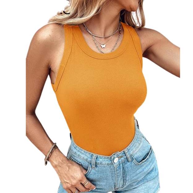 Chicme Round Neck Built-in Bra Ribbed Tank Top Fit Casual Comfortable