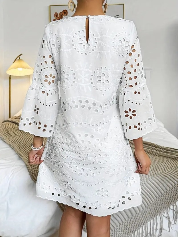 Elegant White Embroidered Eyelet Dress - Lightweight Polyester