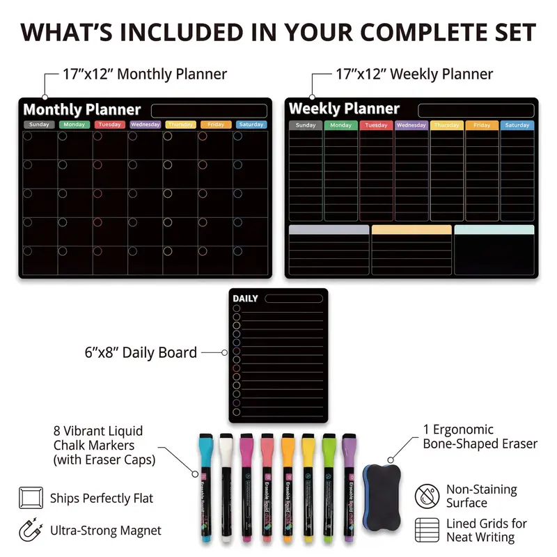 AUVIREC Magnetic Planner Set for Fridge 🧲 – 3-Pack (17"x12") Monthly, Weekly & Daily Boards 📅 – Dry Erase + 8 Neon Markers ✨