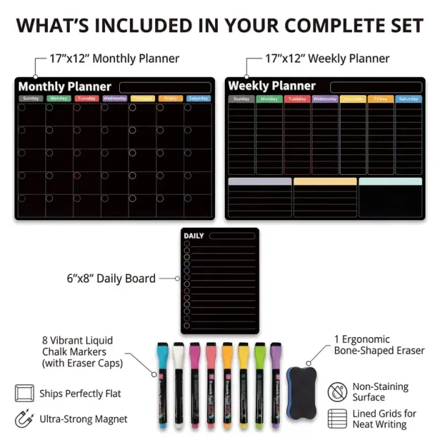 AUVIREC Magnetic Planner Set for Fridge 🧲 – 3-Pack (17"x12") Monthly, Weekly & Daily Boards 📅 – Dry Erase + 8 Neon Markers ✨