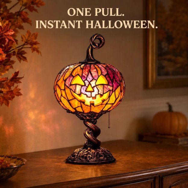 🔥HOT SALE🔥🎃 Halloween Pumpkin Glow Lamp – Vintage Stained-Glass-Style Table Light