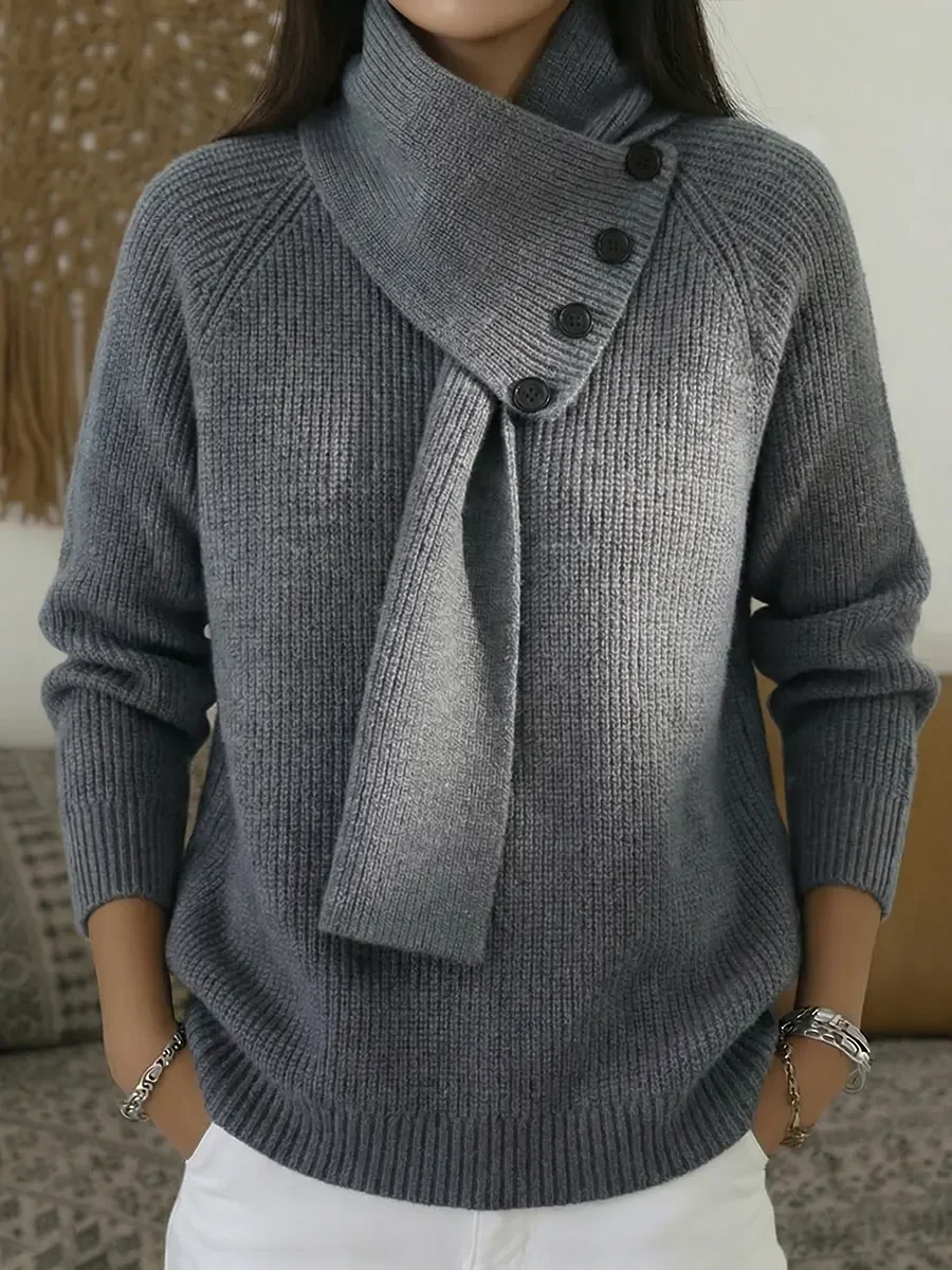 Women's Comfortable Pullover Sweater With Detachable Scarf.