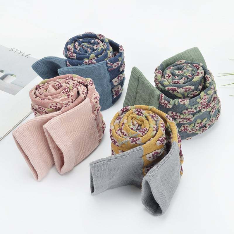 4 Pairs Womens Floral Long Cotton Socks