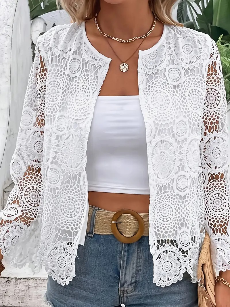Women's Elegant Lace Cardigan - Lightweight 100% Polyester Semi-Sheer Knit Top with Round Neck, Spring Layering Essential for Casual or Dressy Outfits