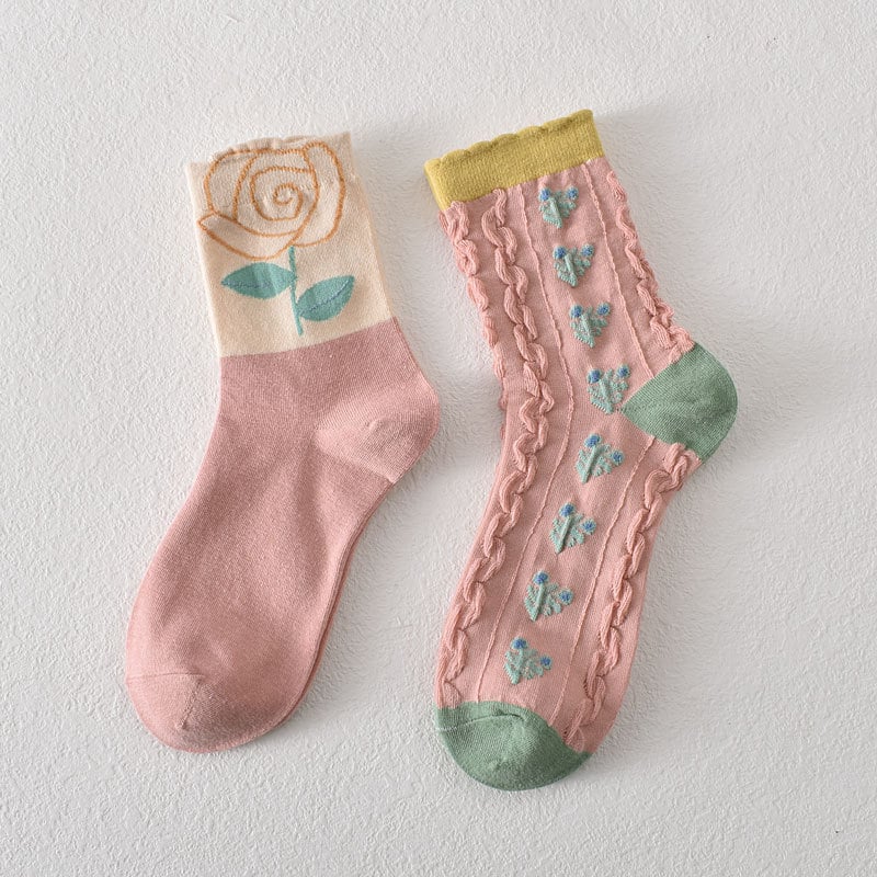 5 pairs of women's pink floral cotton socks