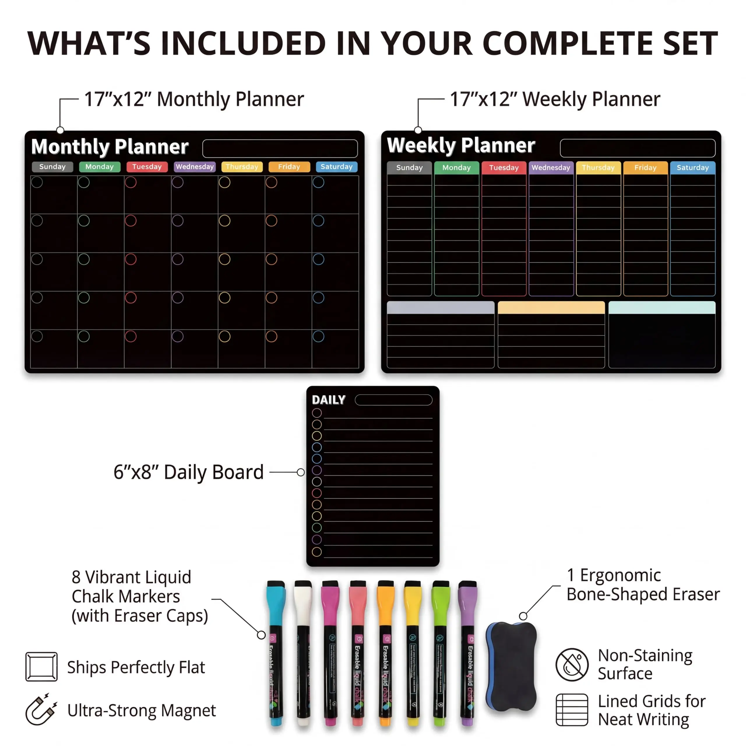 AUVIREC Magnetic Black Calendar for Refrigerator (3-Pack, Ships Flat) - 17"x12" Monthly, Weekly & Daily Planner with Lined Grids - Nano-Tech Dry Erase Fridge Board, 8 Neon Liquid Chalk Markers
