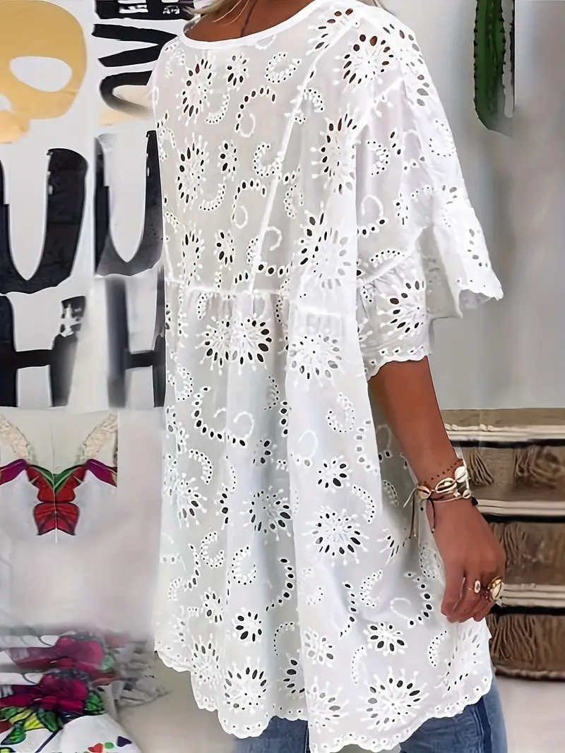 Women'S Plus Size Black Lace Long Sleeve V-Neck Blouse - Sexy Hollow-Out Design, Flared Bell Sleeves, Casual Summer Shirt for Vacation or Casual Attire, Versatile Blouse | Lace Detailing Shirt | Nonstretch Fabric