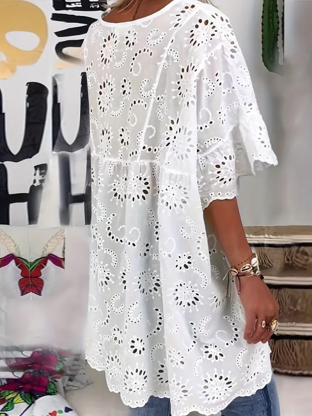 Women'S Plus Size Black Lace Long Sleeve V-Neck Blouse - Sexy Hollow-Out Design, Flared Bell Sleeves, Casual Summer Shirt for Vacation or Casual Attire, Versatile Blouse | Lace Detailing Shirt | Nonstretch Fabric