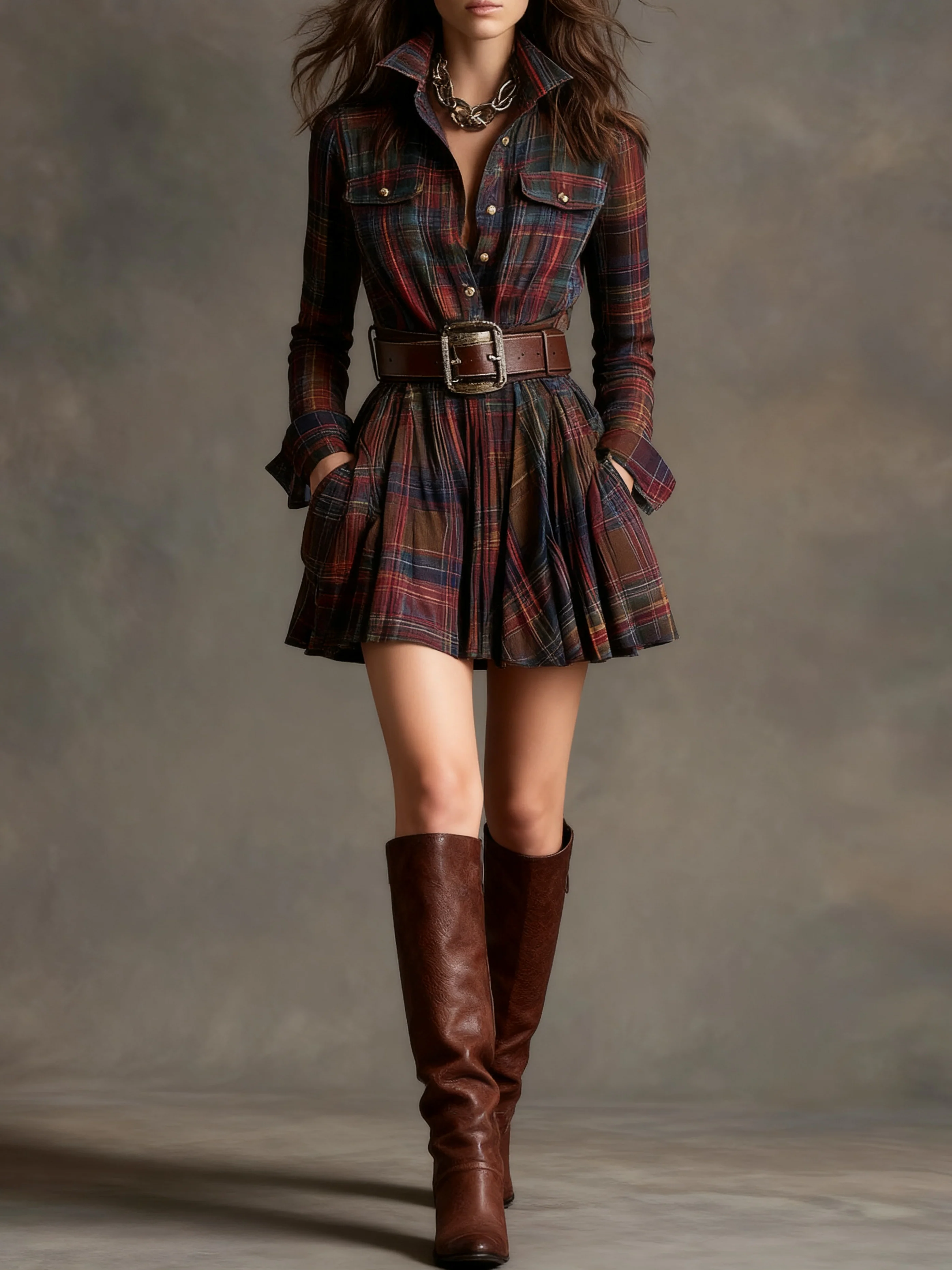 Vintage Lapel Red and Brown Plaid Mini Dress