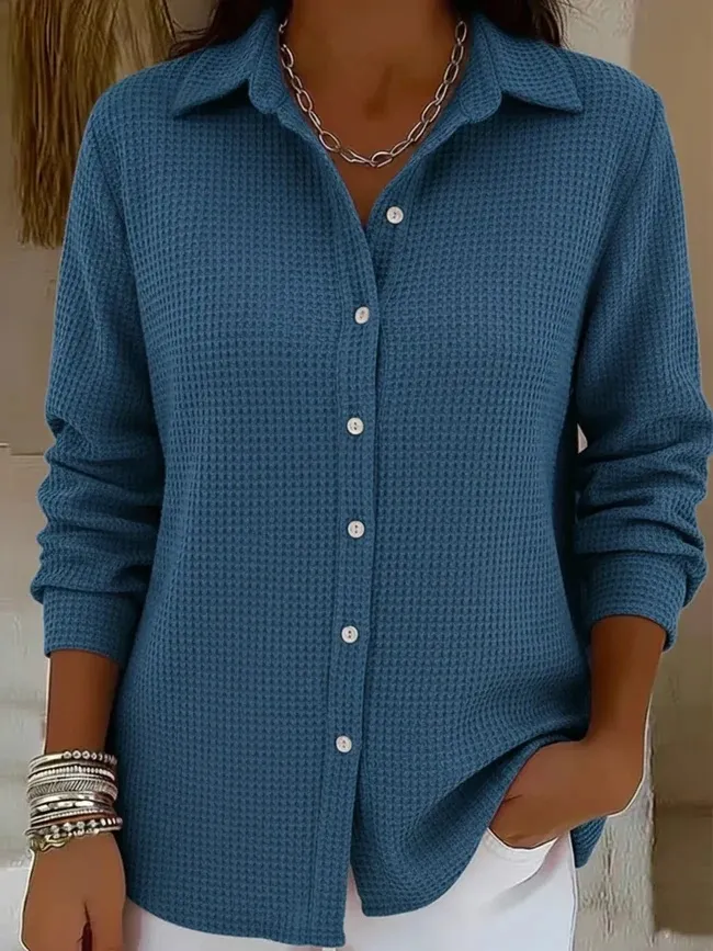 Casual Solid Color Waffle Button Shirt