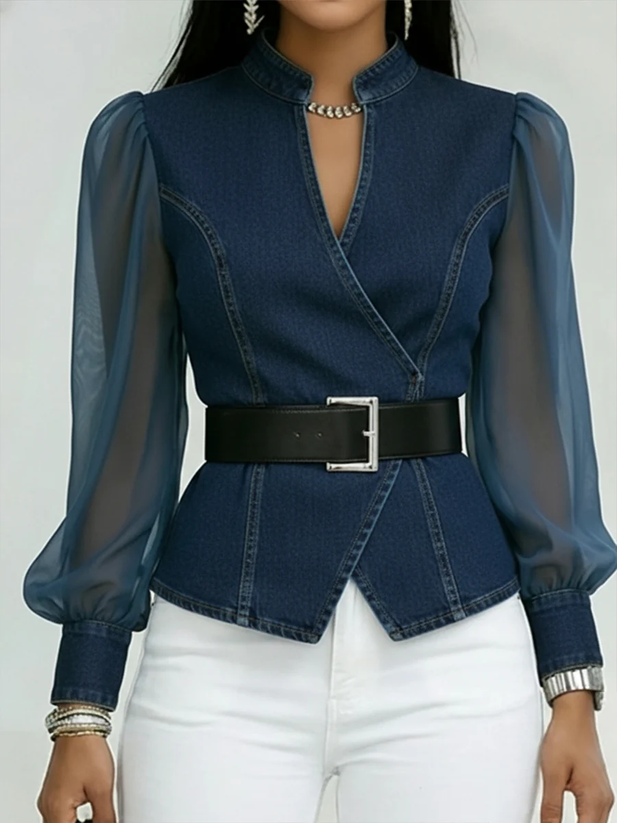 Elegant, Slim-fitting Denim Top With Organza Sleeves