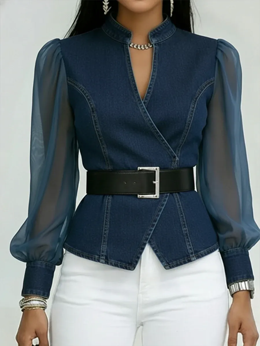 Elegant, Slim-fitting Denim Top With Organza Sleeves