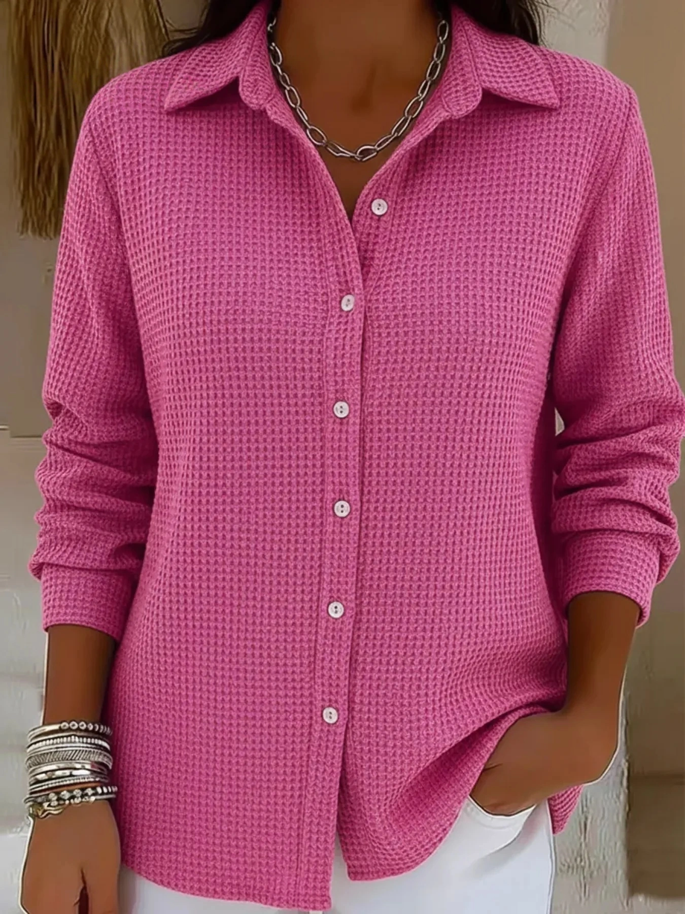 Casual Solid Color Waffle Button Shirt
