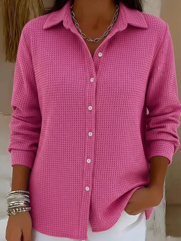 Casual Solid Color Waffle Button Shirt