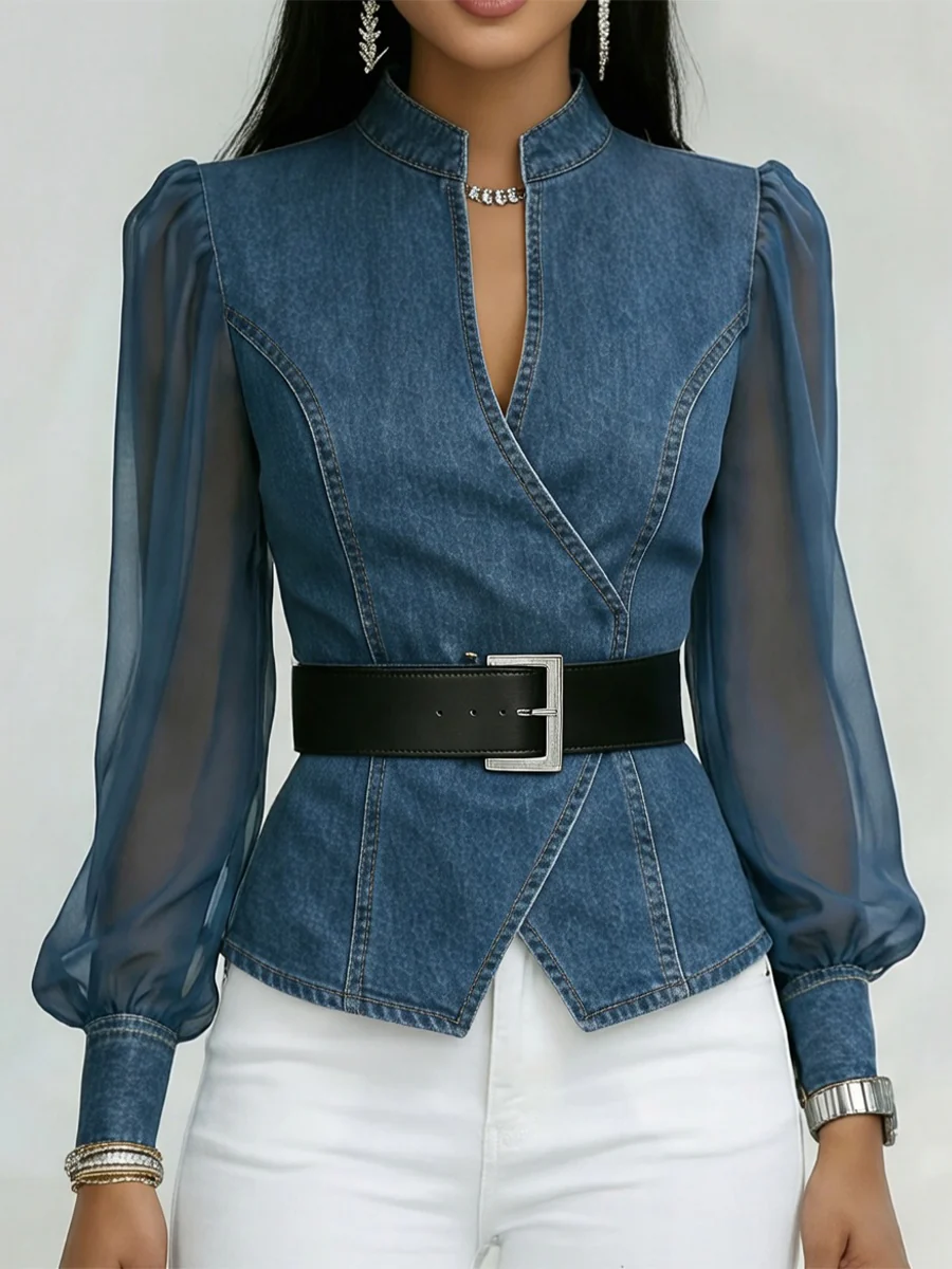 Elegant, Slim-fitting Denim Top With Organza Sleeves