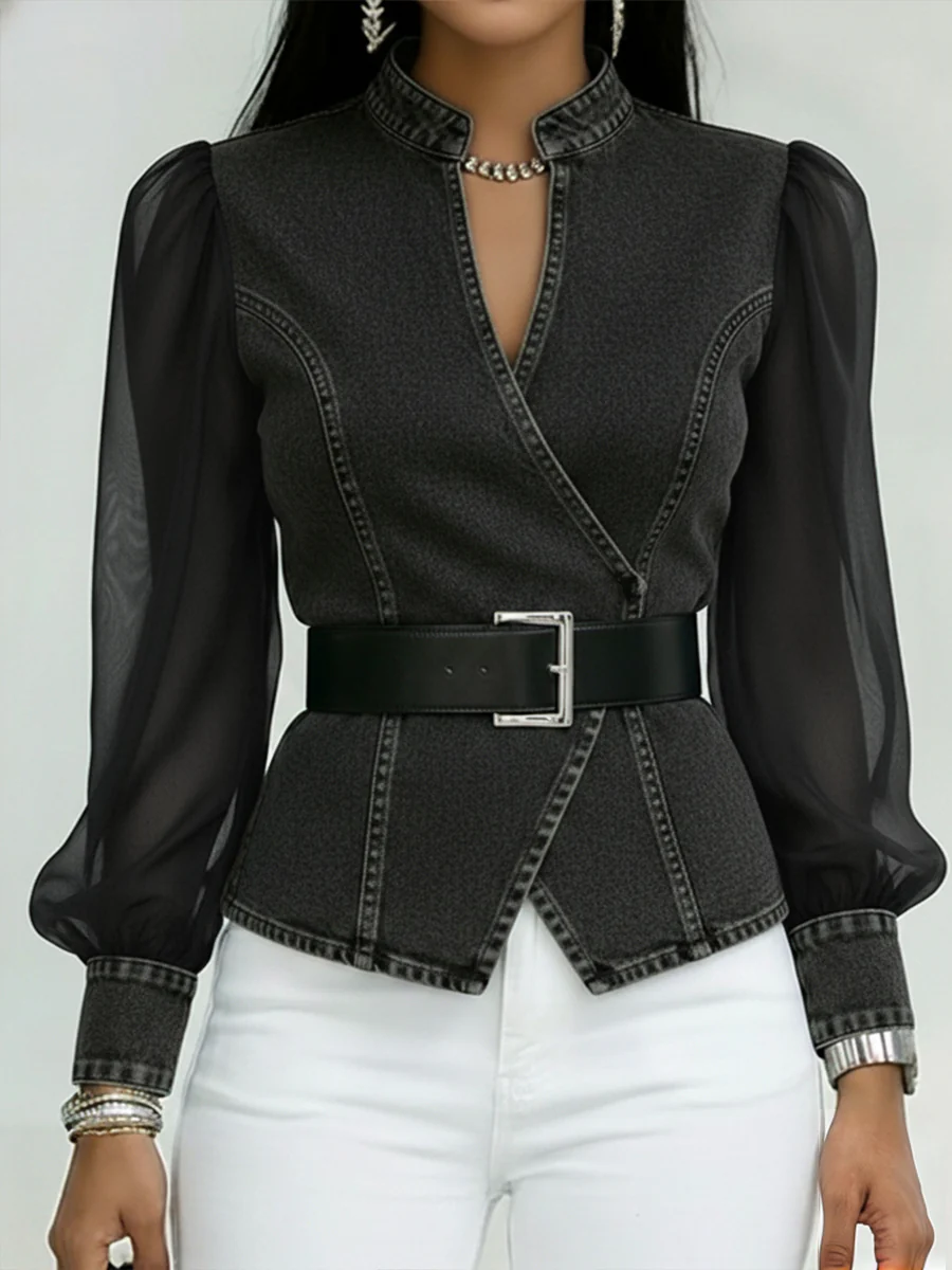 Elegant, Slim-fitting Denim Top With Organza Sleeves
