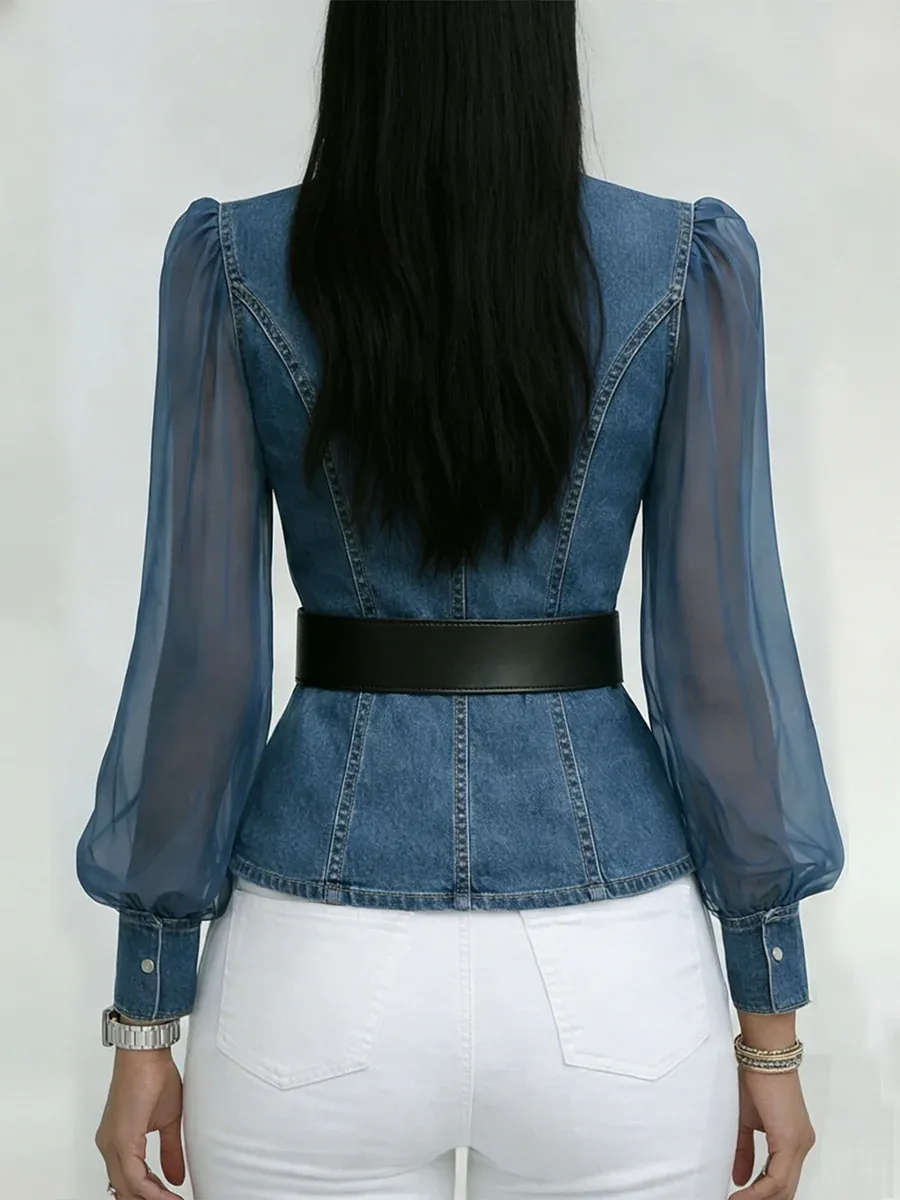 Elegant, Slim-fitting Denim Top With Organza Sleeves