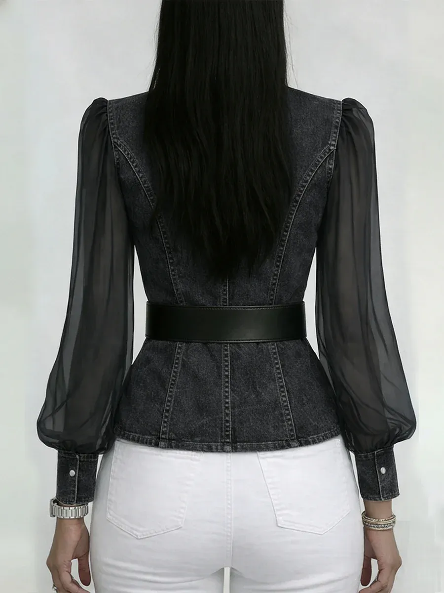 Elegant, Slim-fitting Denim Top With Organza Sleeves