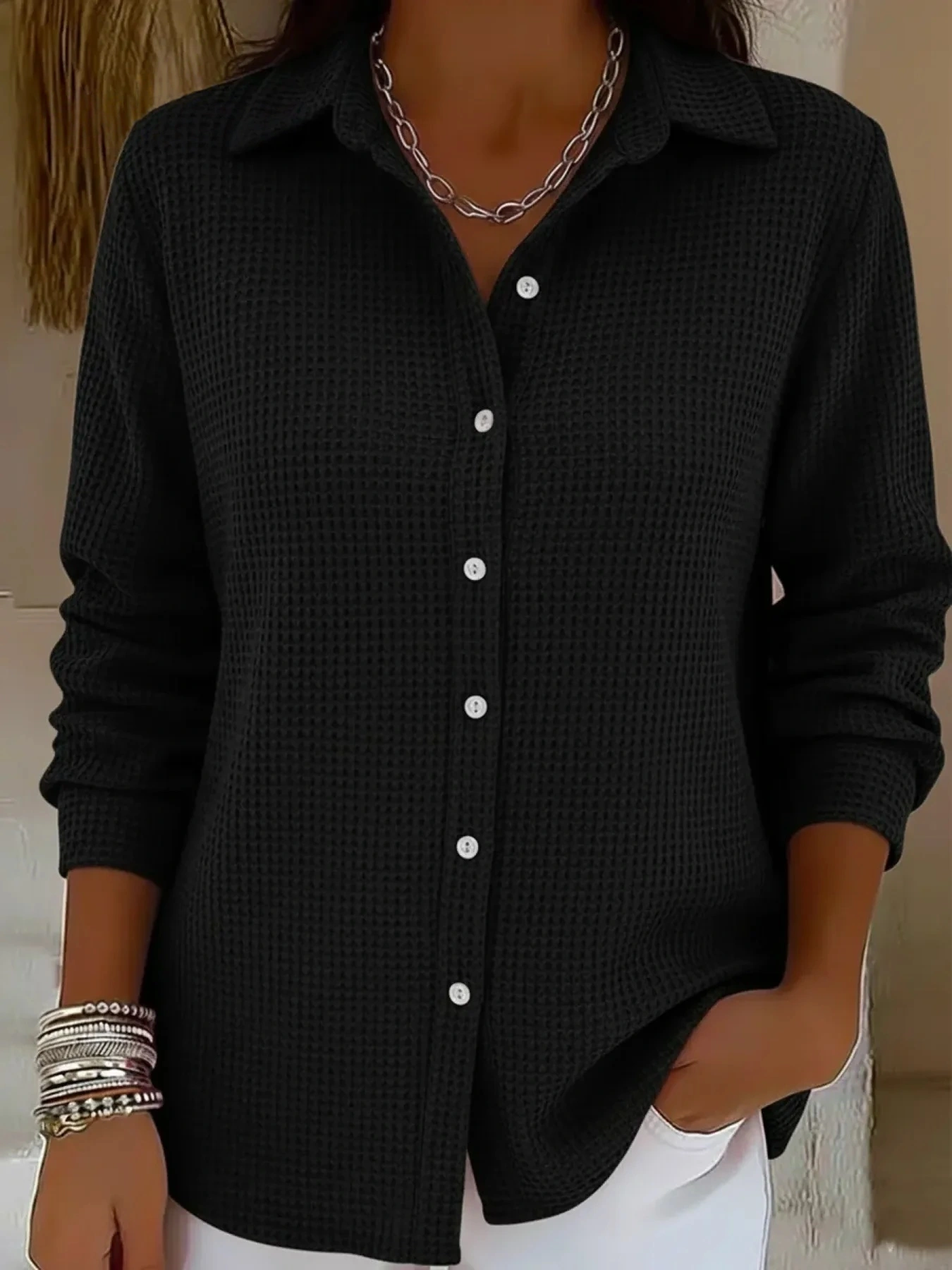 Casual Solid Color Waffle Button Shirt