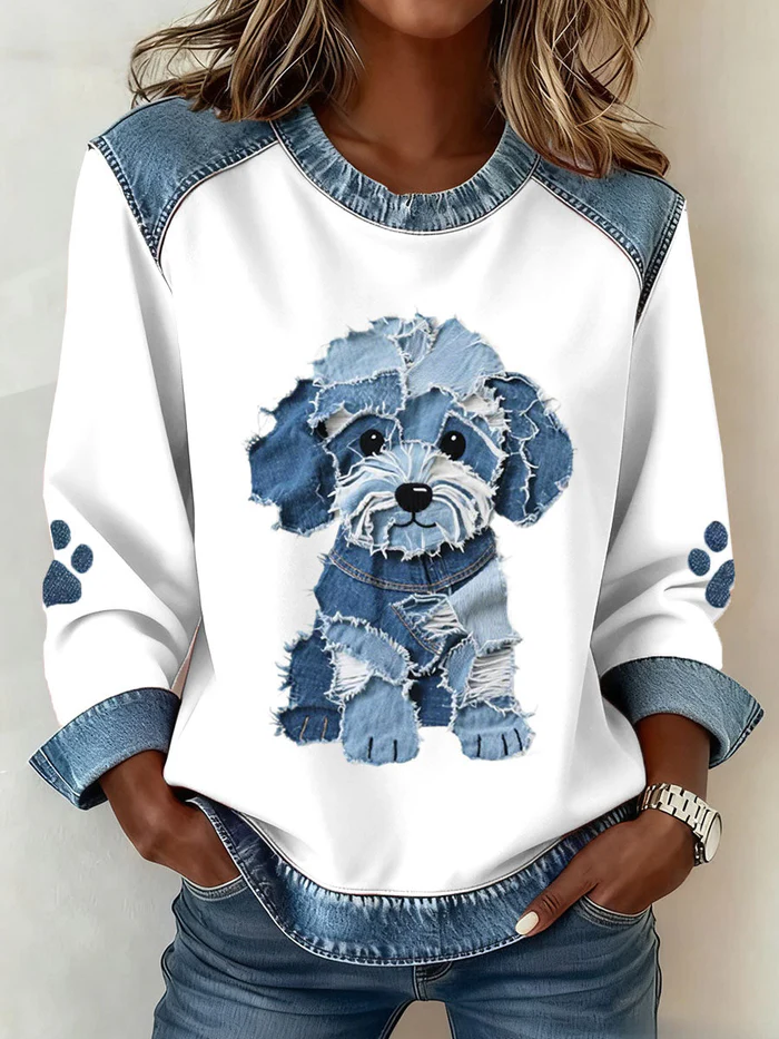 Women's Dachshund Pattern Denim Patchwork Art Sweatshirt