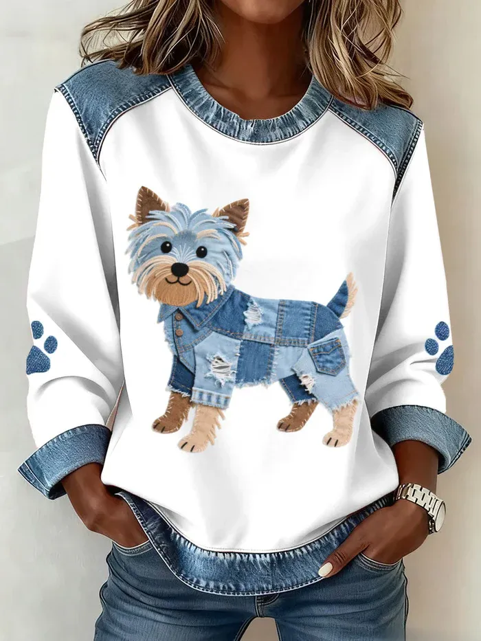 Women's Dachshund Pattern Denim Patchwork Art Sweatshirt