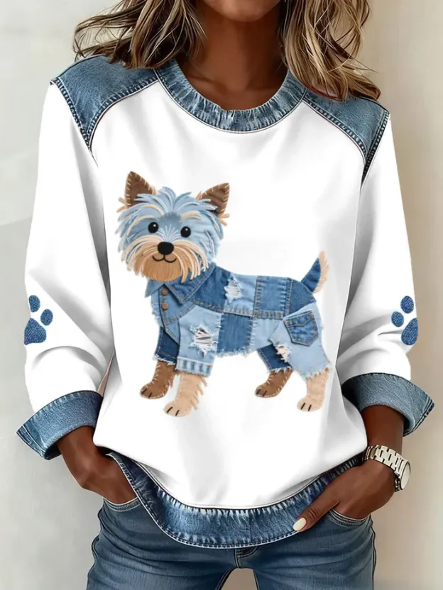 Women's Dachshund Pattern Denim Patchwork Art Sweatshirt