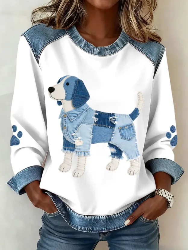 Women's Dachshund Pattern Denim Patchwork Art Sweatshirt
