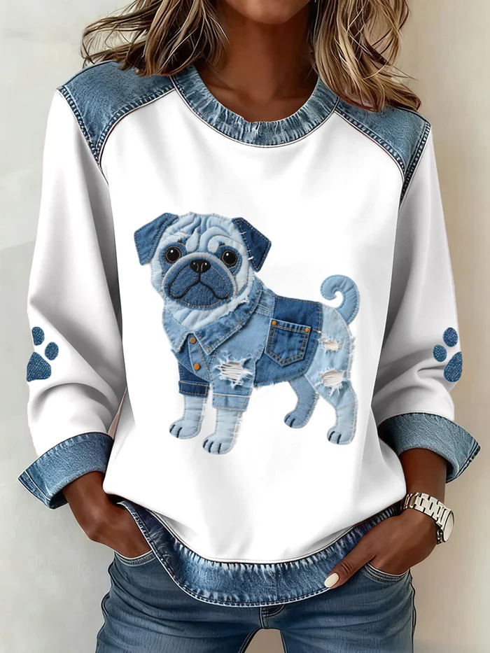 Women's Dachshund Pattern Denim Patchwork Art Sweatshirt