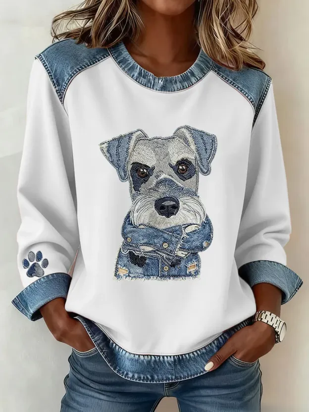 Women's Dachshund Pattern Denim Patchwork Art Sweatshirt