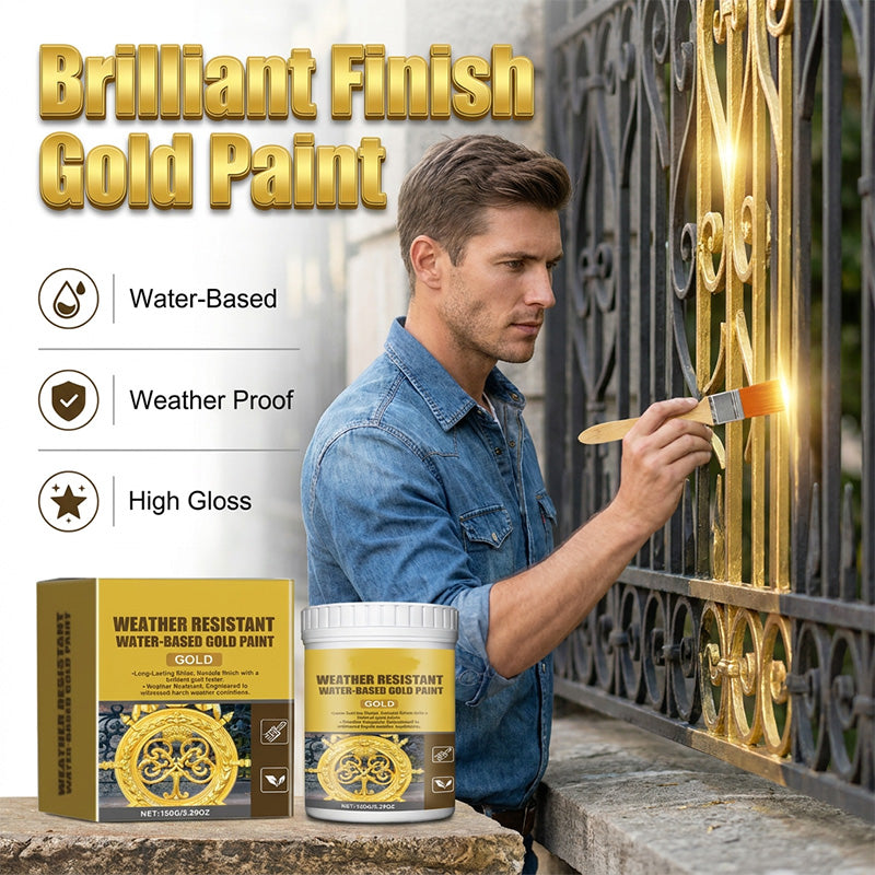 🥳2026 HOT SALE🥳💞50K+ SOLD!🏠✨Weather Resistant Gold Paint – Water‑based, brilliant shine. Safe for metal, wood & stone. Lasts rain or shine! 🖌️💛