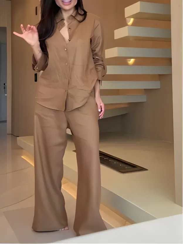 Brown long-sleeved shirt and trousers suit