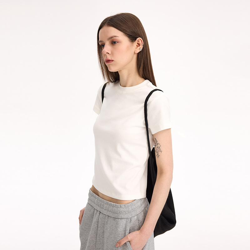 Shoulder slim fit Lycra cotton American style hot girl female skin-friendly solid color elastic basic top round neck short-sleeved T-shirt