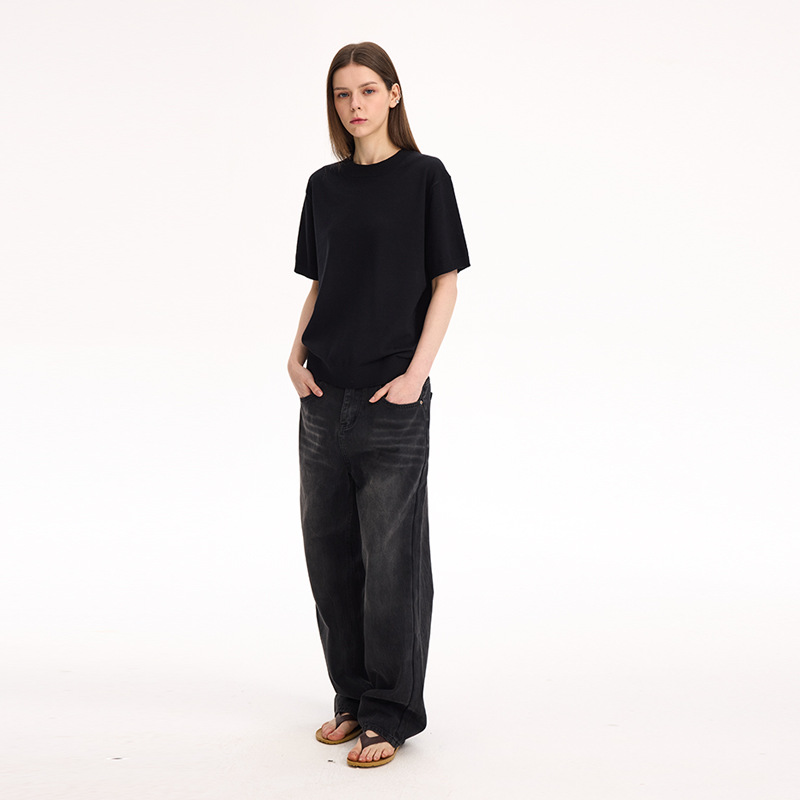 Old money style straight shoulder short sleeve T-shirt small high collar solid color knitted short sleeve for man and women