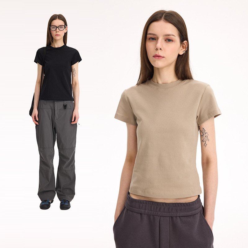 Shoulder slim fit Lycra cotton American style hot girl female skin-friendly solid color elastic basic top round neck short-sleeved T-shirt