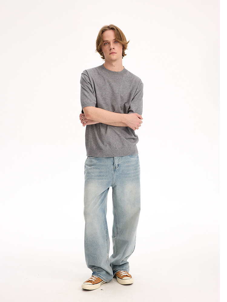 Old money style straight shoulder short sleeve T-shirt small high collar solid color knitted short sleeve for man and women