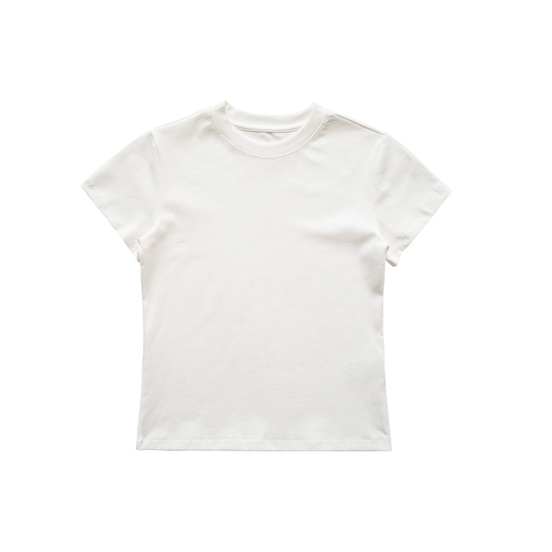 Shoulder slim fit Lycra cotton American style hot girl female skin-friendly solid color elastic basic top round neck short-sleeved T-shirt
